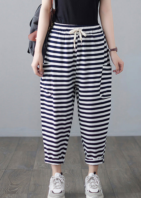 Classy Striped Embroideried Drawstring Elastic Waist Draping Crop Pants Ac2088