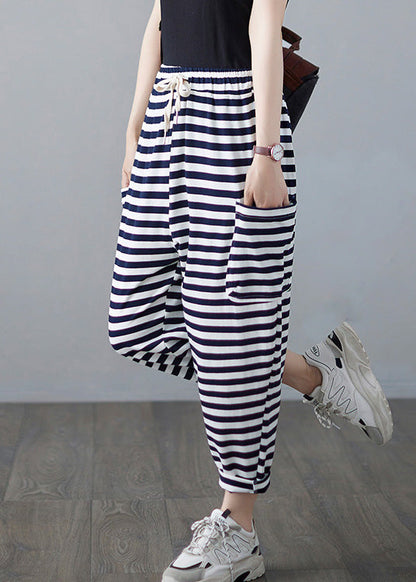 Classy Striped Embroideried Drawstring Elastic Waist Draping Crop Pants Summer Ly0664