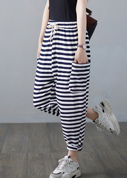 Classy Striped Embroideried Drawstring Elastic Waist Draping Crop Pants Ac2088