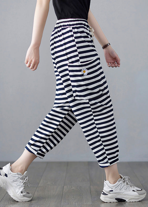 Classy Striped Embroideried Drawstring Elastic Waist Draping Crop Pants Ac2088