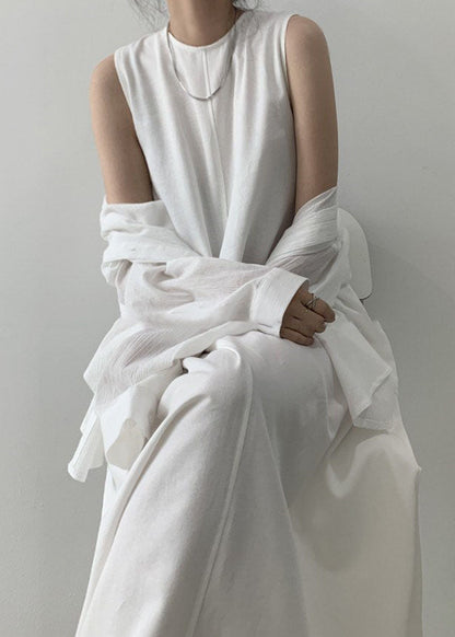 Classy White O Neck Patchwork Cotton Maxi Dresses Sleeveless Ly1367