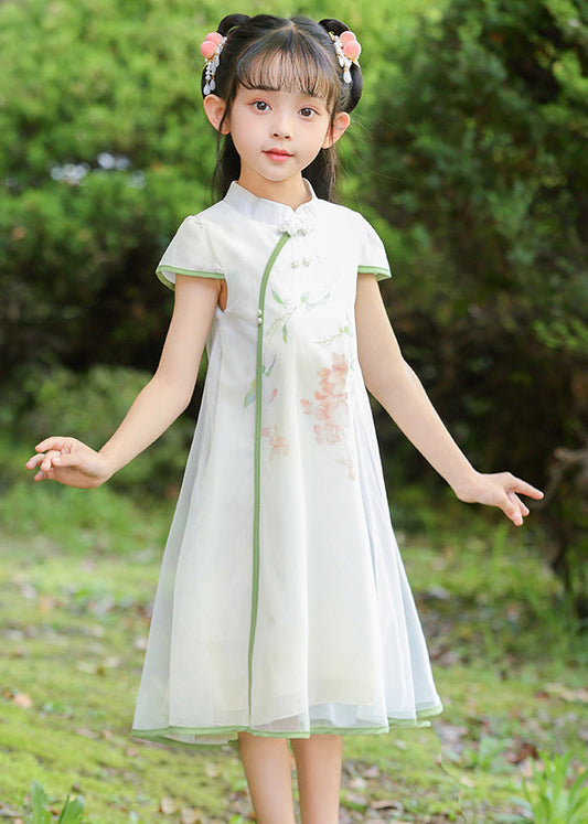 Classy White Stand Collar Print Tulle Maxi Dresses Summer Mn025