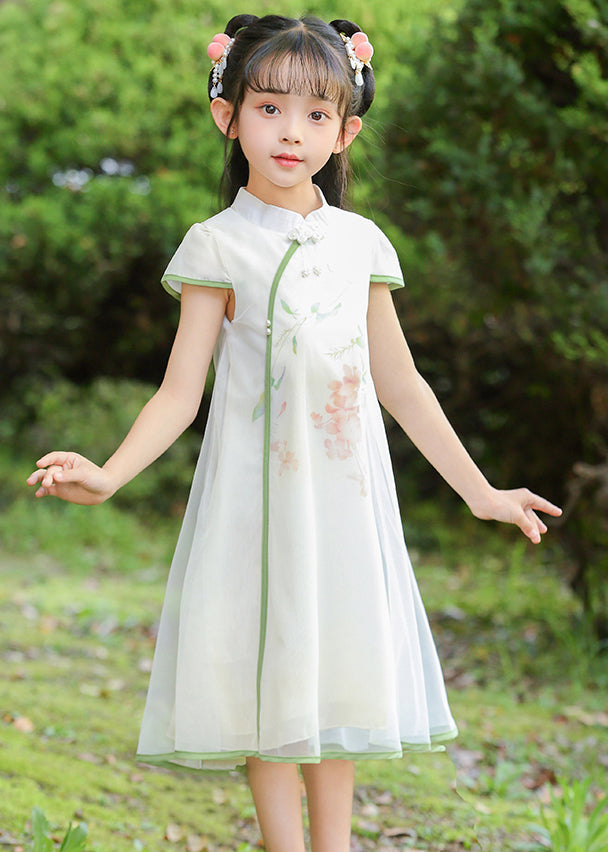 Classy White Stand Collar Print Tulle Maxi Dresses Summer Mn025