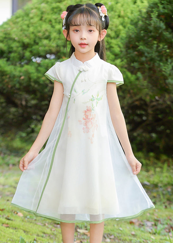 Classy White Stand Collar Print Tulle Maxi Dresses Summer Mn025