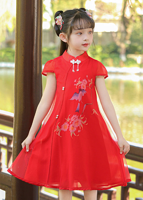 Classy White Stand Collar Print Tulle Maxi Dresses Summer Mn025