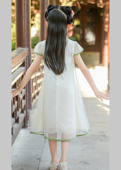 Classy White Stand Collar Print Tulle Maxi Dresses Summer Mn025