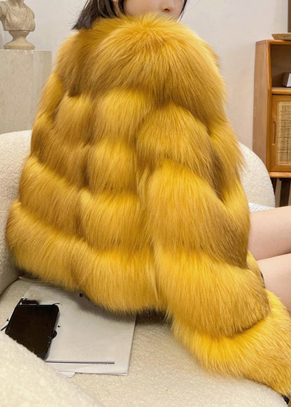 Classy Yellow Fox Collar Leather and Fur Coats Winter Wv031