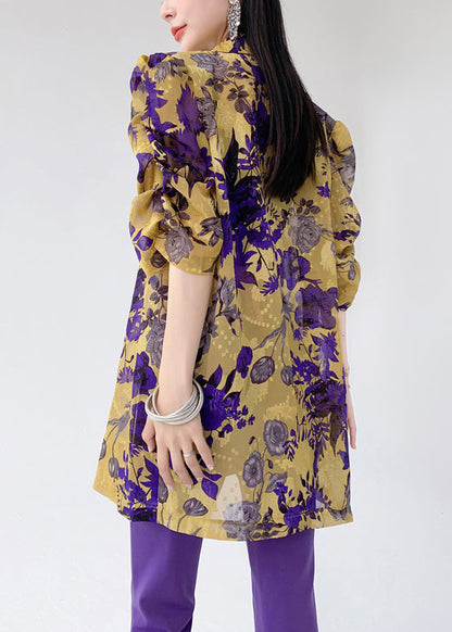 Classy Yellow Peter Pan Collar Button Print Cotton Coat Summer Qa1004