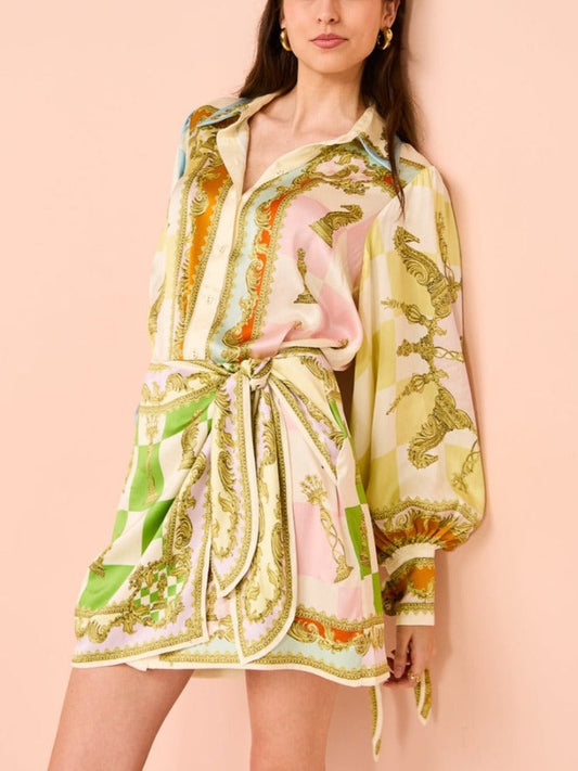 Lantern Sleeve Printed Mini Dress