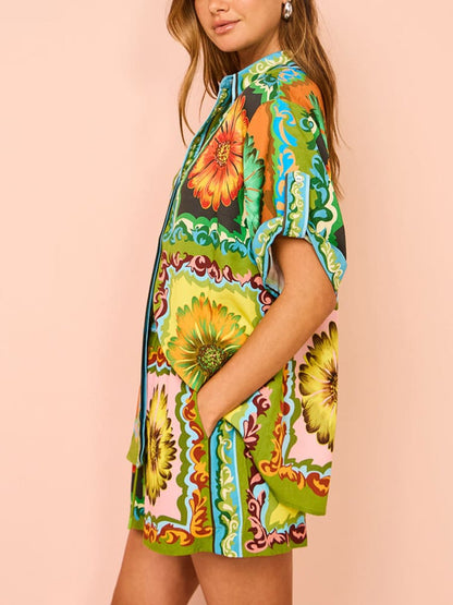 Special Sunflower Print Elastic Waist Shorts-set