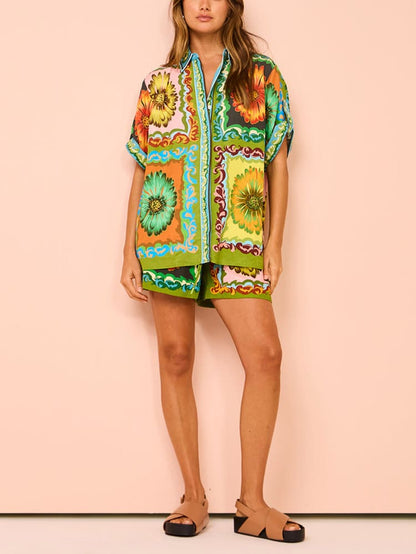 Special Sunflower Print Elastic Waist Shorts-set