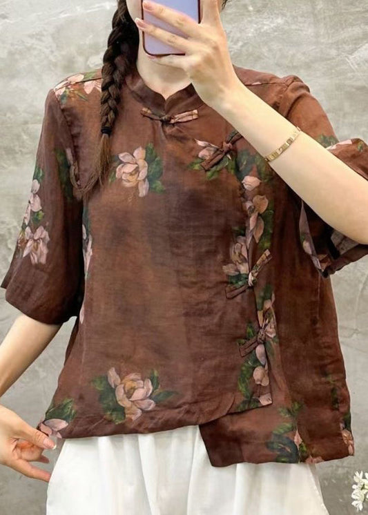 Coffee Button Linen Blouses Stand Collar Half Sleeve Vv005