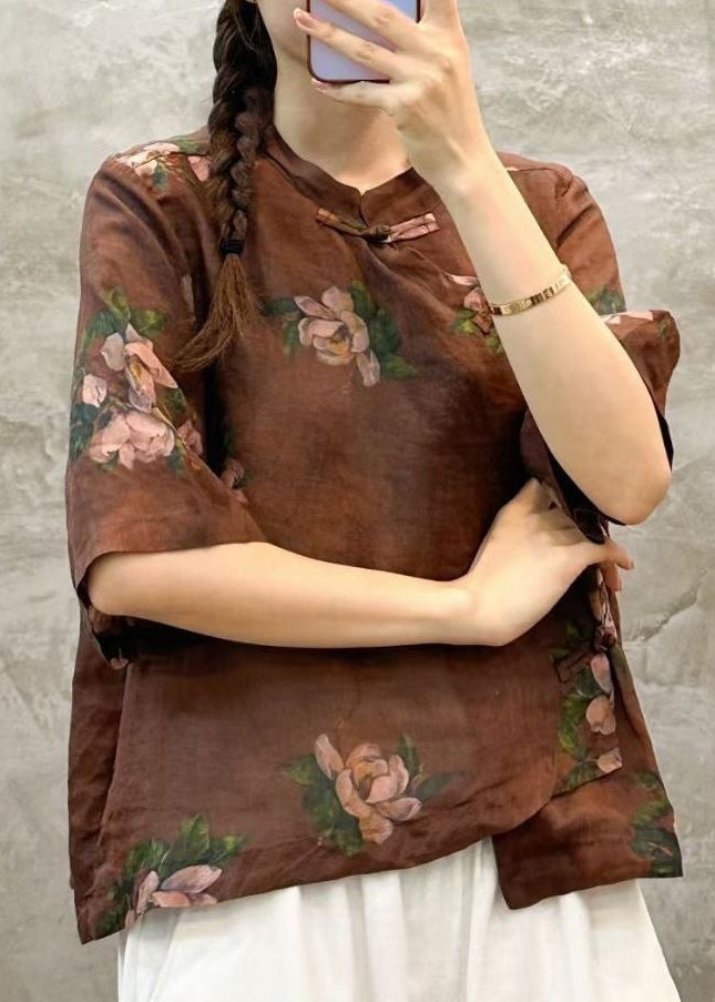 Coffee Button Linen Blouses Stand Collar Half Sleeve Vv005