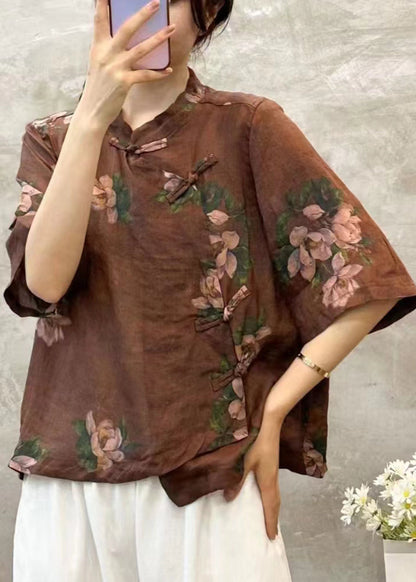 Coffee Button Linen Blouses Stand Collar Half Sleeve Vv005
