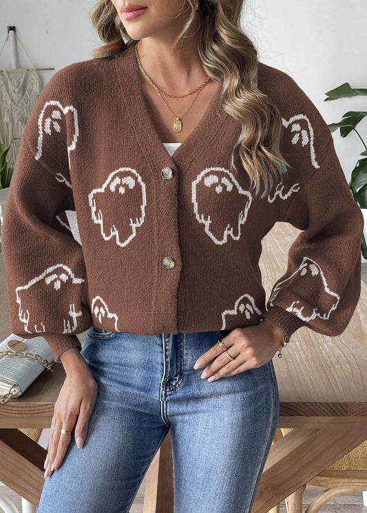Coffee Button Patchwork Knit Coats Long Sleeve Ae1005