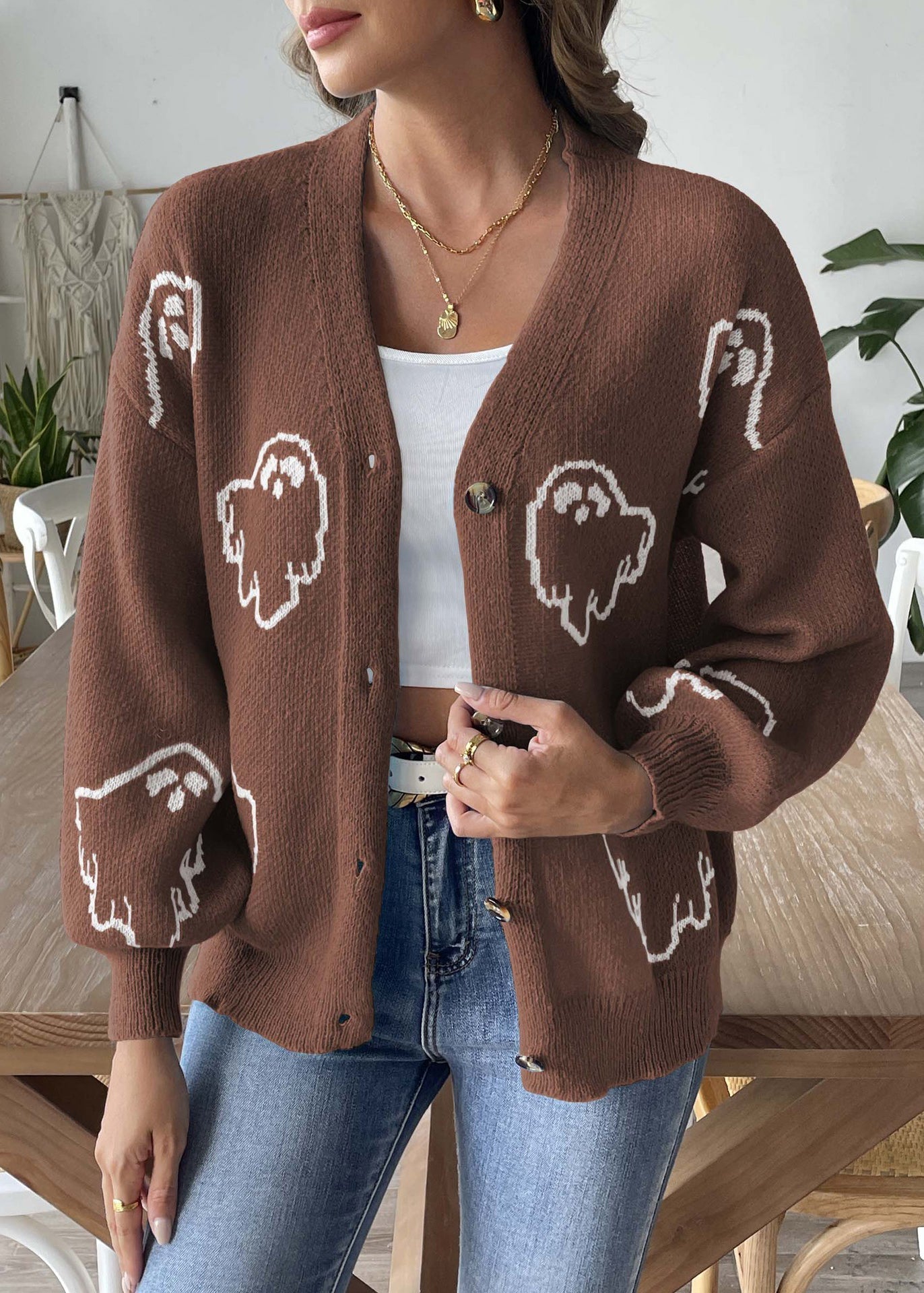 Coffee Button Patchwork Knit Coats Long Sleeve Ae1005