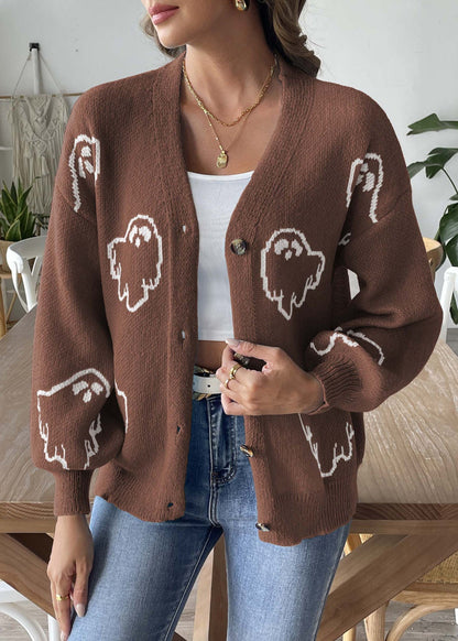 Coffee Button Patchwork Knit Coats Long Sleeve Ae1005