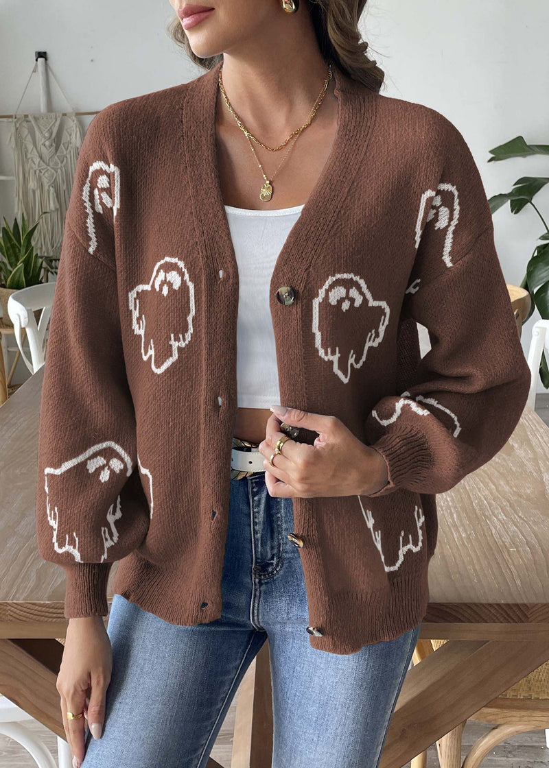 Coffee Button Patchwork Knit Coats Long Sleeve Ae1005