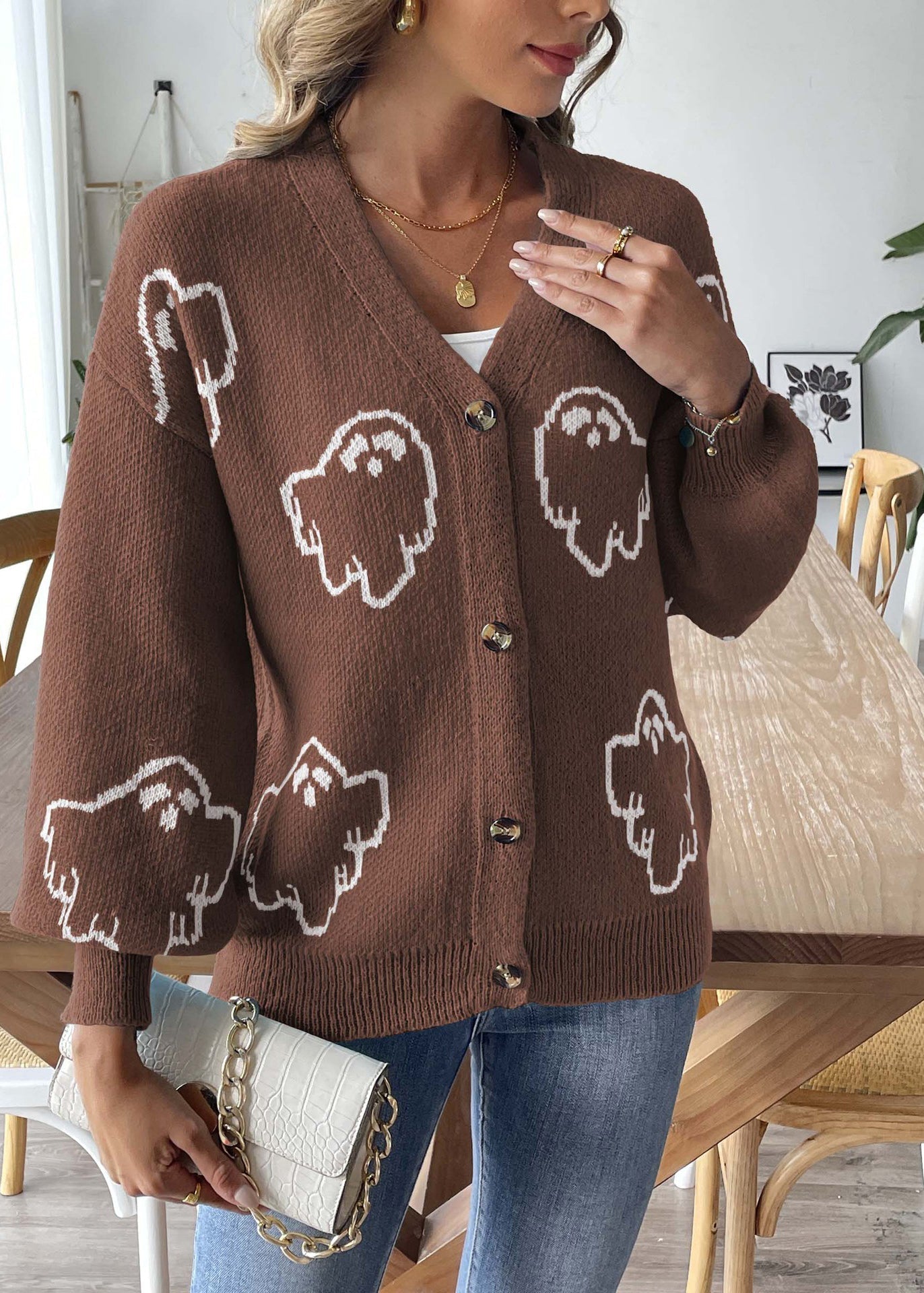 Coffee Button Patchwork Knit Coats Long Sleeve Ae1005
