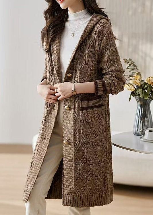 Coffee Button Patchwork Knit Fall Cardigans Hooded Qs021