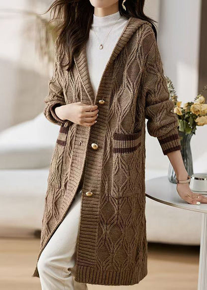 Coffee Button Patchwork Knit Fall Cardigans Hooded Qs021