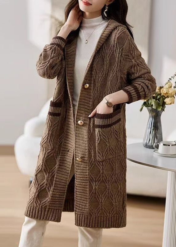 Coffee Button Patchwork Knit Fall Cardigans Hooded Qs021