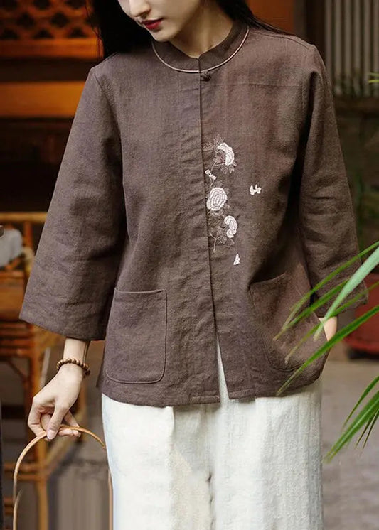 Coffee Button Pockets Linen Blouse Stand Collar Spring Cg1041