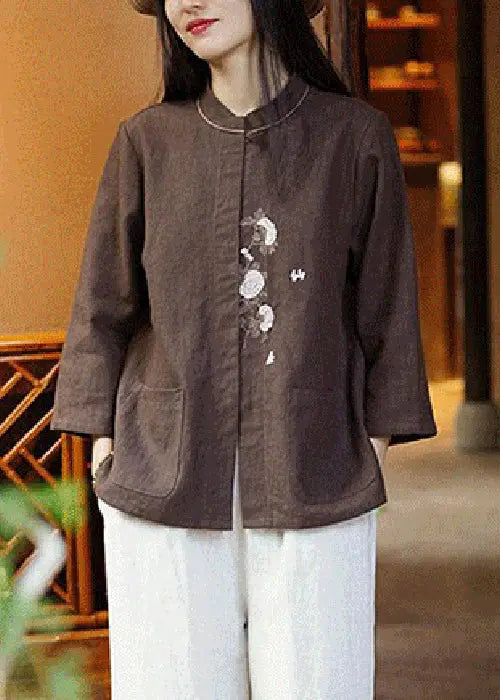 Coffee Button Pockets Linen Blouse Stand Collar Spring Cg1041