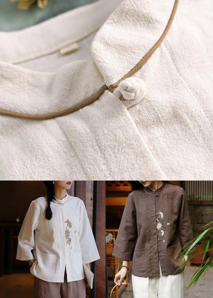 Coffee Button Pockets Linen Blouse Stand Collar Spring Cg1041