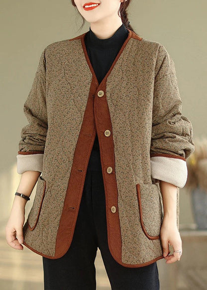 Coffee Button Pockets Warm Fleece Winter Coats V Neck Qg037