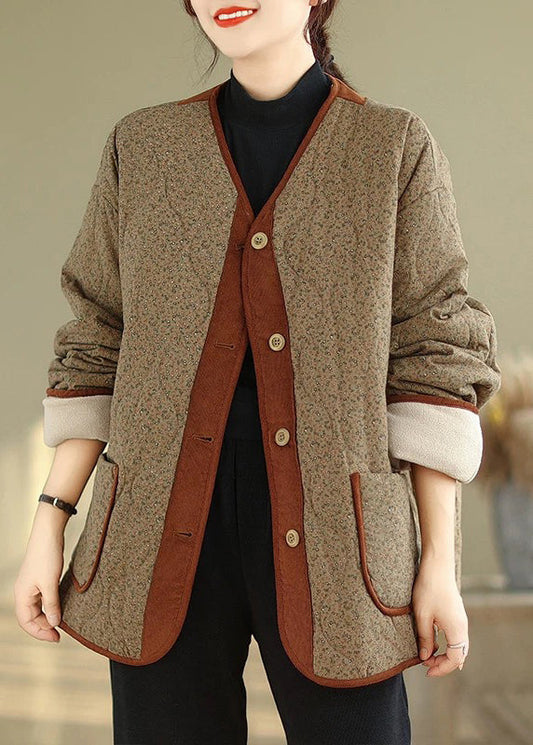 Coffee Button Pockets Warm Fleece Winter Coats V Neck Qg037
