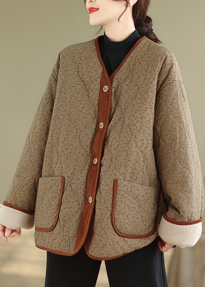 Coffee Button Pockets Warm Fleece Winter Coats V Neck Qg037
