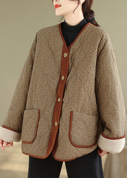 Coffee Button Pockets Warm Fleece Winter Coats V Neck Qg037