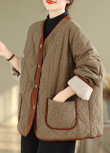 Coffee Button Pockets Warm Fleece Winter Coats V Neck Qg037
