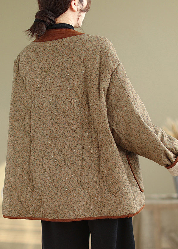 Coffee Button Pockets Warm Fleece Winter Coats V Neck Qg037