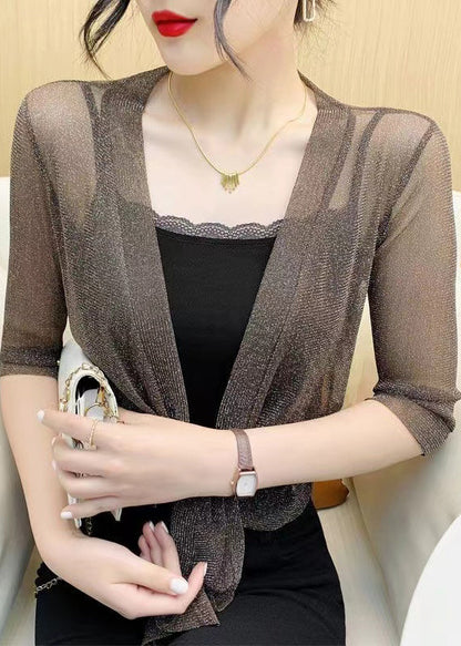 Coffee Lace Up Tulle Cardigan V Neck Half Sleeve As1077