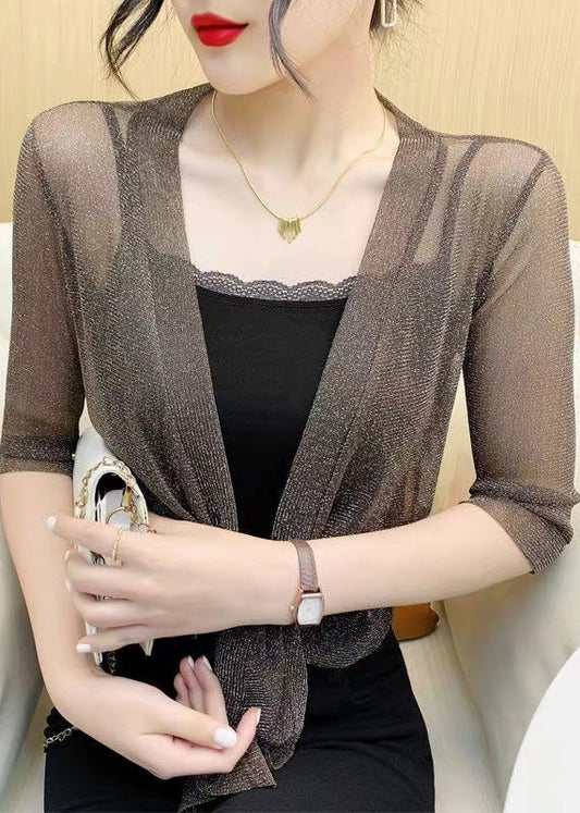 Coffee Lace Up Tulle Cardigan V Neck Half Sleeve As1077