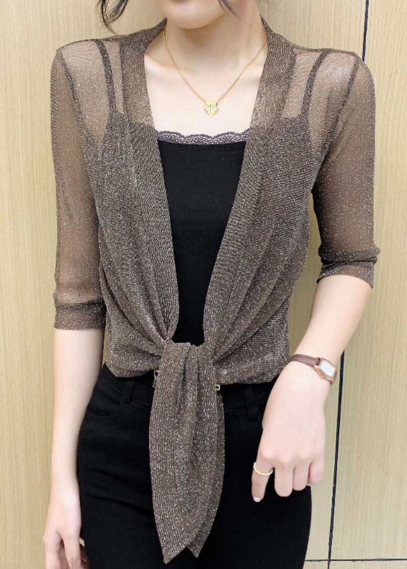 Coffee Lace Up Tulle Cardigan V Neck Half Sleeve As1077