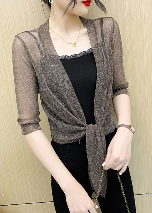Coffee Lace Up Tulle Cardigan V Neck Half Sleeve As1077