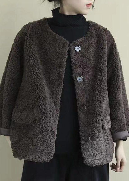 Coffee Loose Pockets Button Fall Long Sleeve Coat Qs035