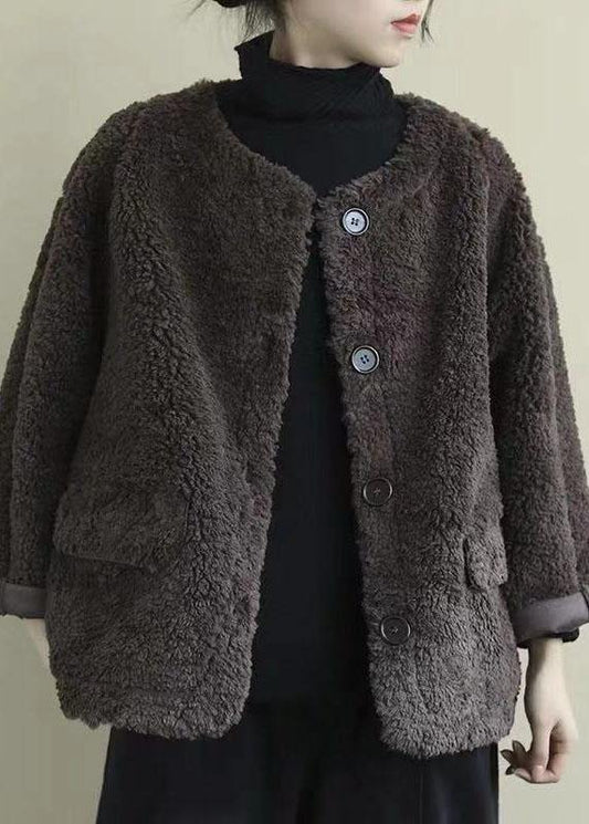 Coffee Loose Pockets Button Fall Long Sleeve Coat Qs035