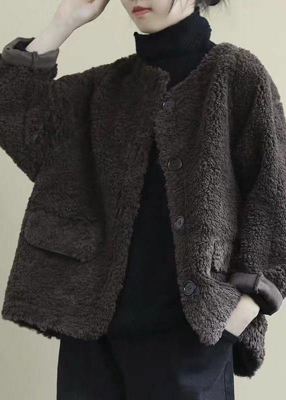 Coffee Loose Pockets Button Fall Long Sleeve Coat Qs035