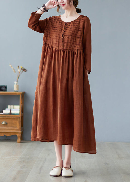 Coffee O-neck Patchwork Button Long Dress Summer Lc0043