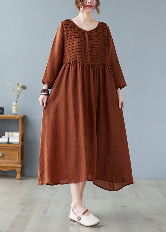 Coffee O-neck Patchwork Button Long Dress Summer Lc0043