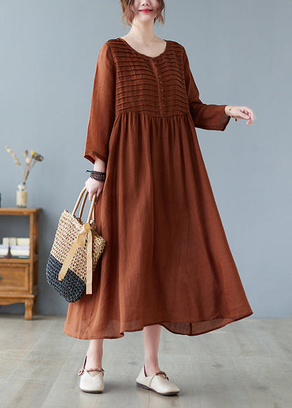 Coffee O-neck Patchwork Button Long Dress Summer Lc0043
