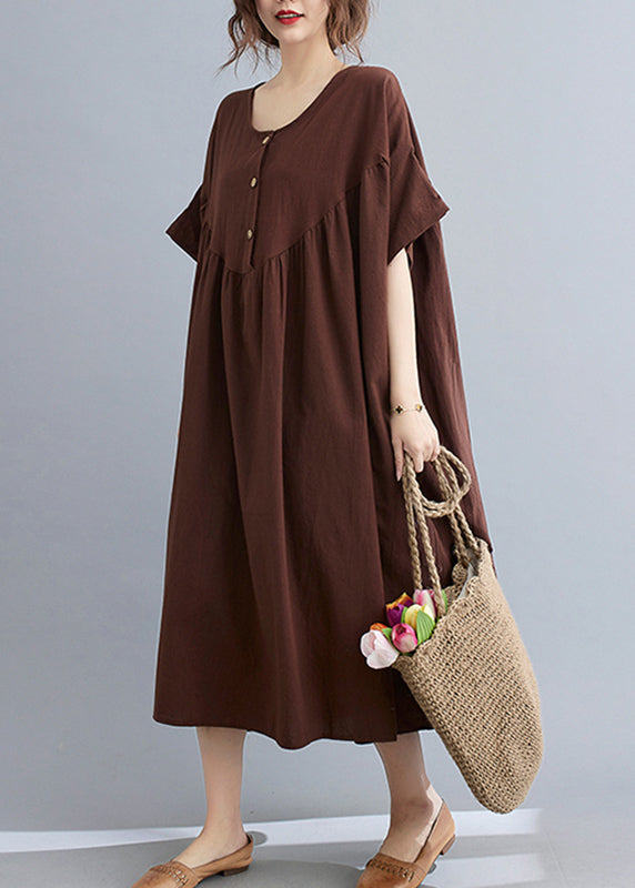 Coffee O-neck Wrinkled Maxi Dresses Summer Gh1049