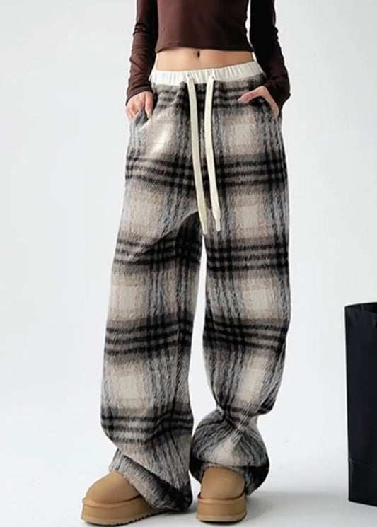 Coffee Patchwork Drawstring Woolen Straight Pants Ta044