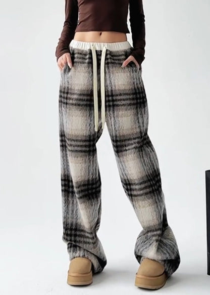 Coffee Patchwork Drawstring Woolen Straight Pants Ta044
