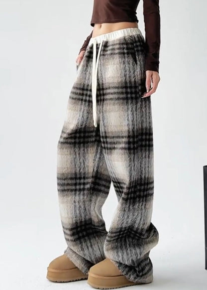 Coffee Patchwork Drawstring Woolen Straight Pants Ta044