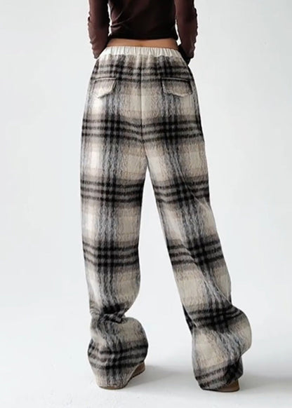 Coffee Patchwork Drawstring Woolen Straight Pants Ta044